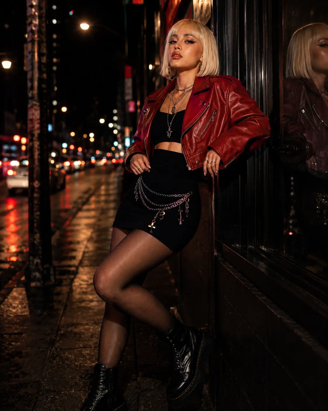 Janet in a red jacket in the city at night