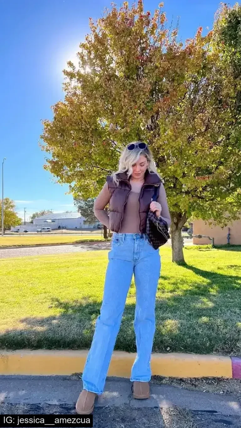 brown puffer vest outfit 2